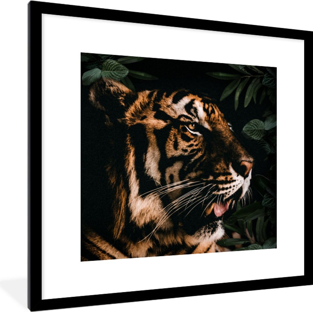 MuchoWow MuchoWow Gerahmtes Poster Tiger - Blätter - Tier 40x40 cm - Poster mit zchwarzem Bilderrahmen - Poster - Plakat im Rahmen