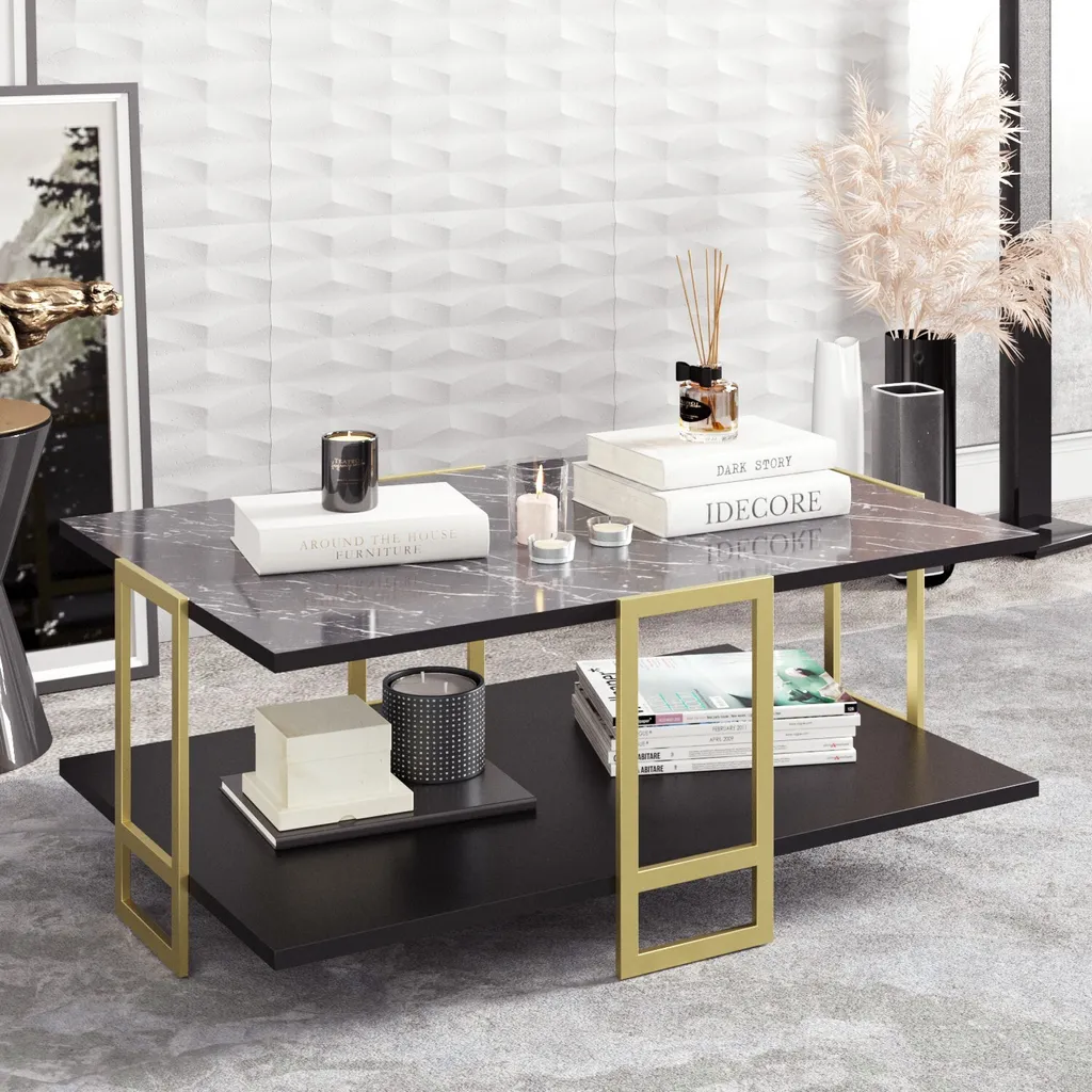 Table basse bicolore noir et or Polka, plateau spacieux 91cm de large