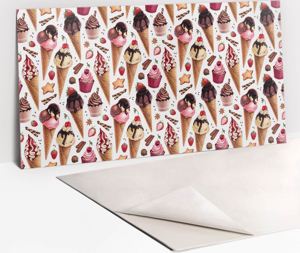 Dekorative PVC Wandpaneele - Küchenpaneele Rückwand hart Innenwand - 100 x 50 - Cupcakes Eis Süßigkeiten