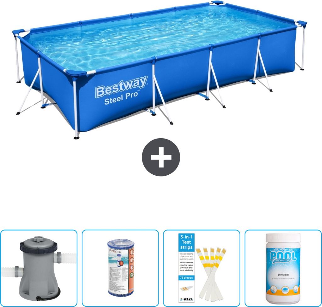 Bestway Rectangular Steel Pro Swimmingpool – 400 x 211 x 81 cm – Blau – inklusive Pumpe Filter - Teststreifen - Chlor