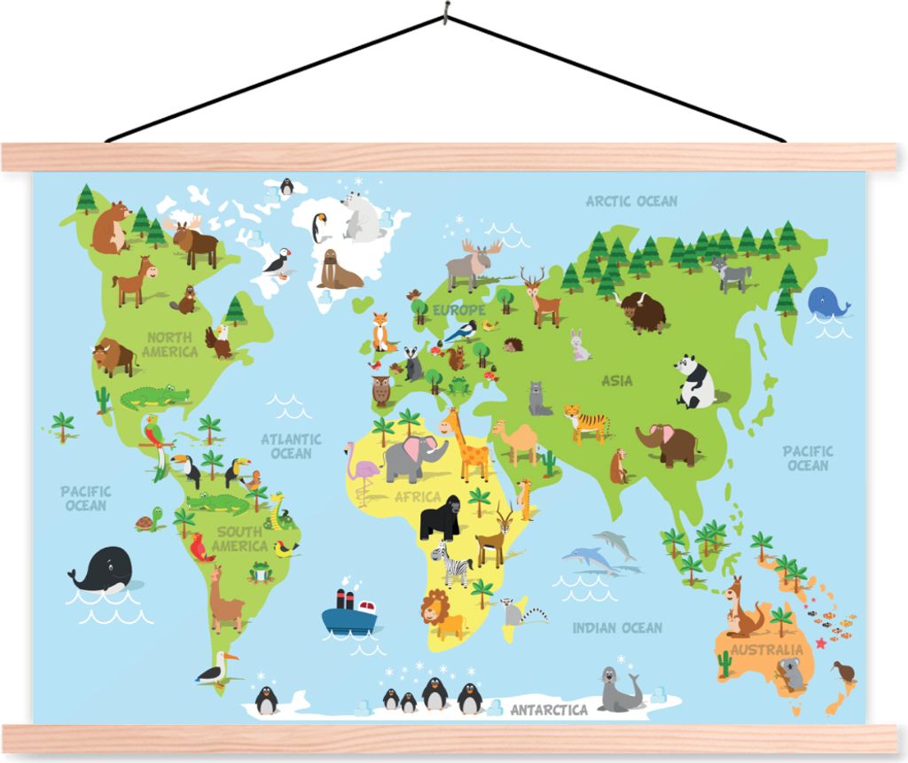 MuchoWow Textilposter Weltkarte - Kinder - Tiere - Blau - Grün 60x40 cm mit holzfarbenen Rahmen - Bilder