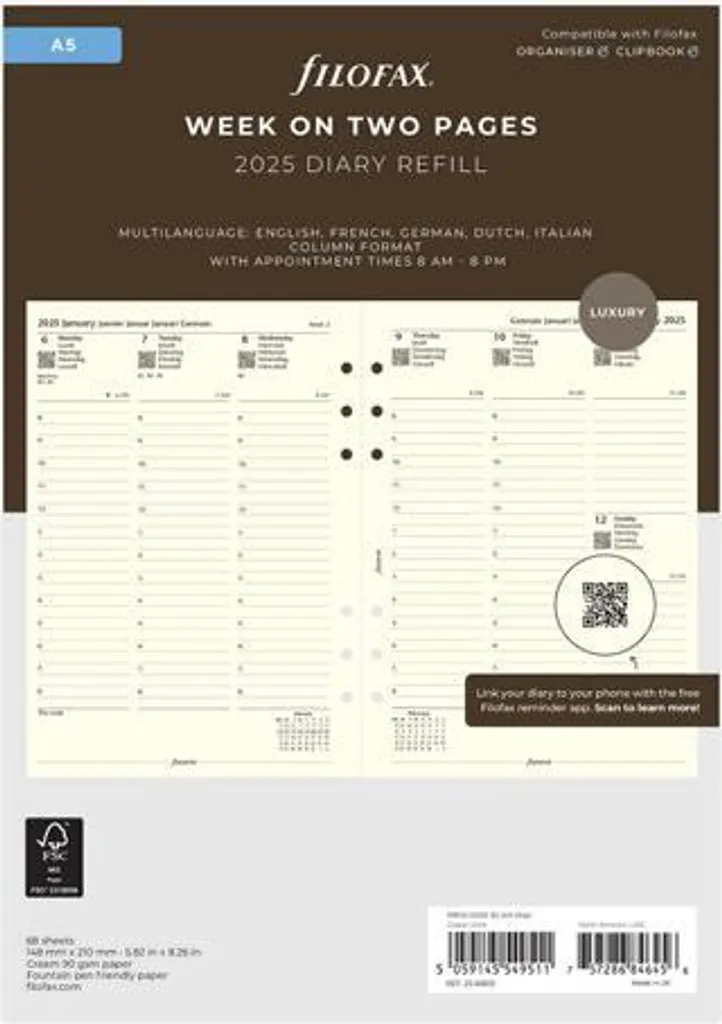Recharge Filofax 2025 A5 Semaine sur 2 Pages en Papier Coton Crème Chic