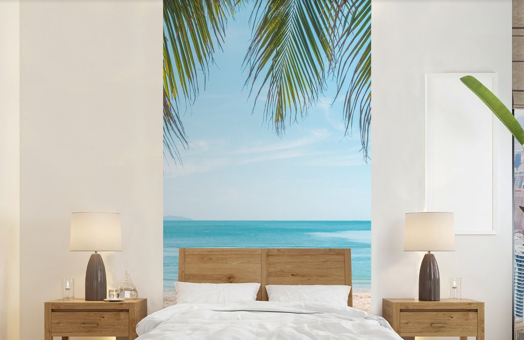MuchoWow Fototapete für Wohnzimmer oder Schlafzimmer Wandtapete Vinyl Motivtapete Palmenblatt - Strand - Tropisch - 120x240 cm - Hintergrundbild