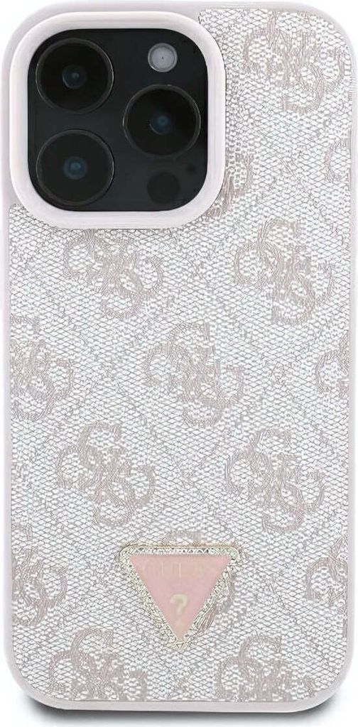 A close-up view of a phone case with a repeating Guess logo pattern.