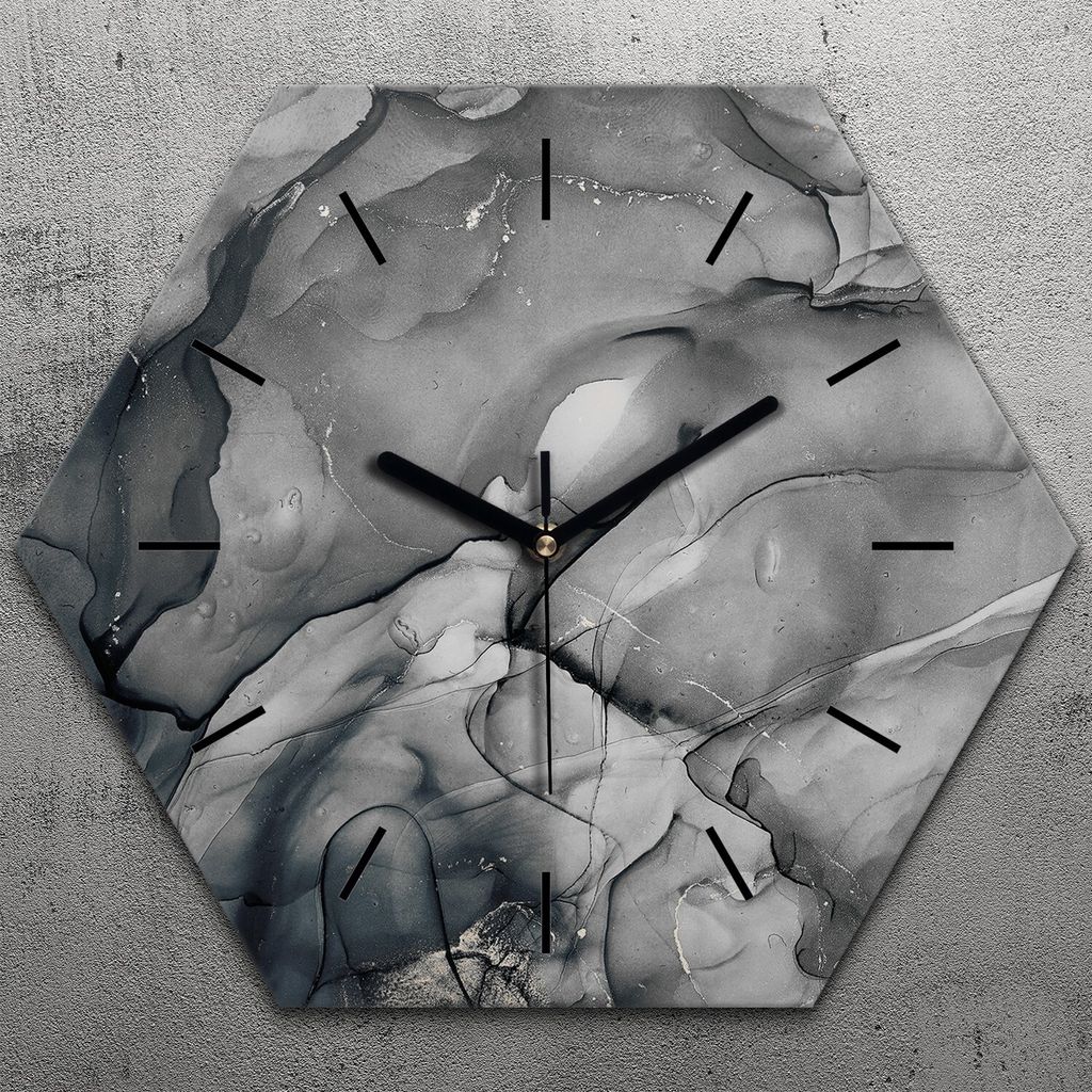 Uhr hexagonal 40 cm Glas Geräuschlos schwarze Zeiger - Farbiger Marmor