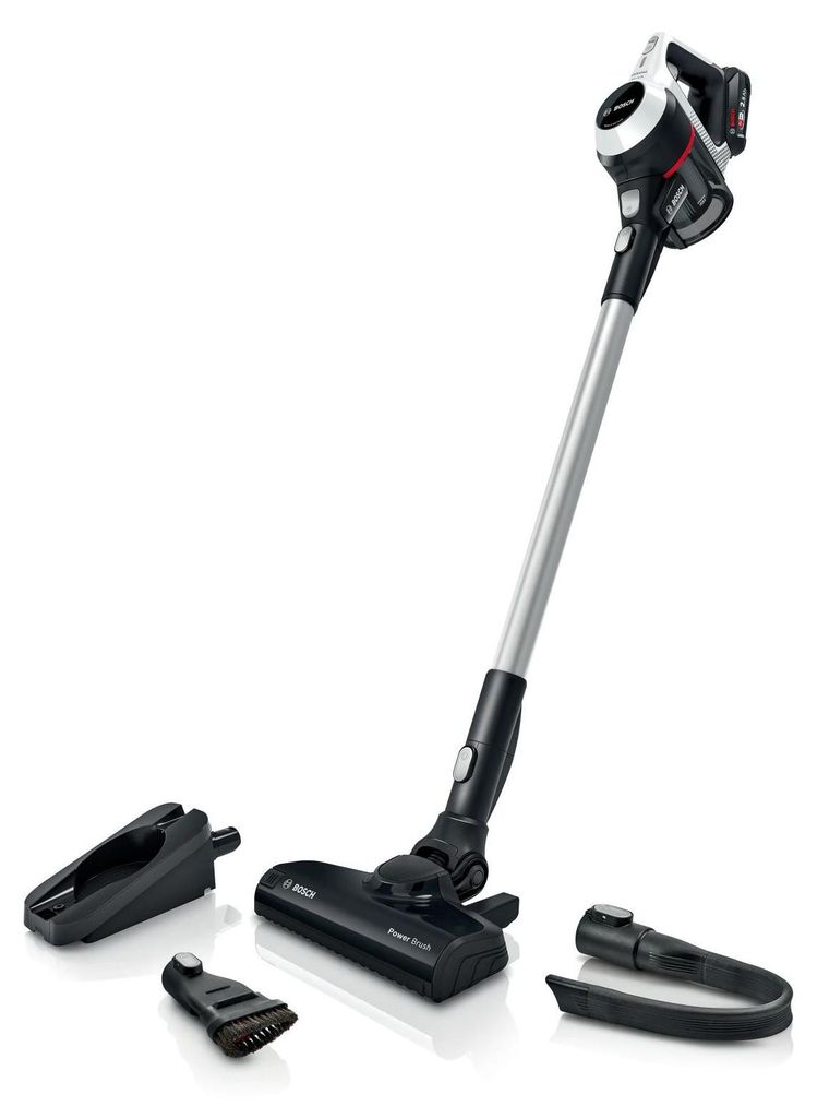 A Bosch Serie 6 cordless stick vacuum cleaner with various attachments is displayed against a white background.