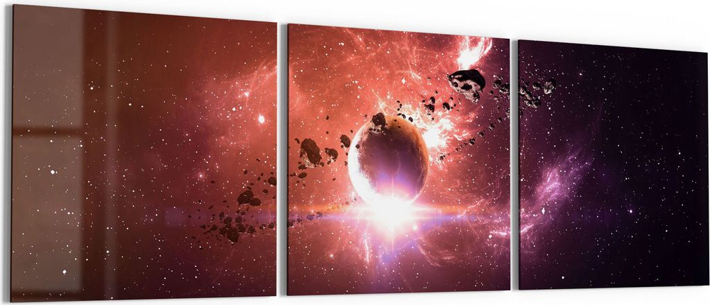 DEQORI Glasbilder Acryl 3x50x50 cm 'Galaktische Fantasiewelt' Wandbilder XXL groß
