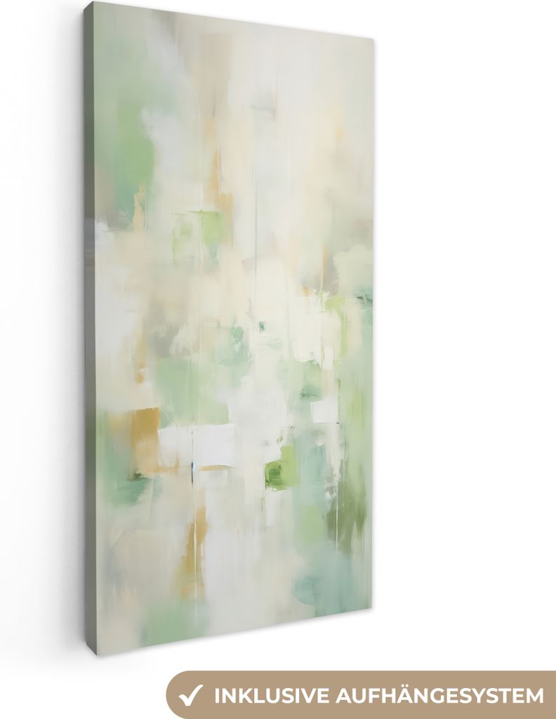 MuchoWow - Leinwandbilder - Abstrakt - Kunst - Weiß - Grün - Modern, Wandbild, Wanddeko Bilder Wohnzimmer, 40x80 cm