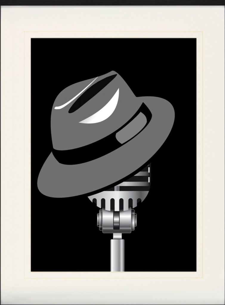 Musik Gerahmtes Bild Mit Edlem Passepartout | Wand-Bilder | Im Bilderrahmen - Fedora Hut Und Mikrofon (80 x 60 cm)