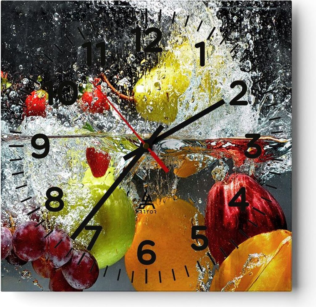 Wanduhr - Quadrat - Glasuhr - Früchte Wasser Spritzer Essen - 30x30cm - Schleichendes Uhrwerk - Lautlos - zum Aufhängen bereit - Dekoration Moder...
