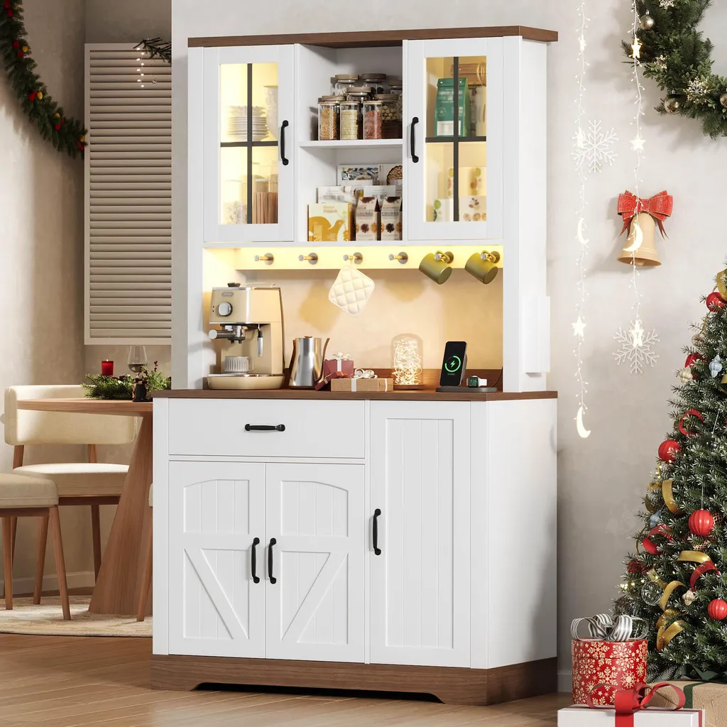 Meuble Cuisine Blanc Anti-Désordre avec Prises de Charge et Rangement LED