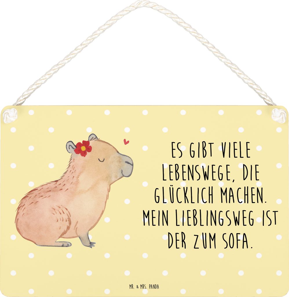 Mr. & Mrs. Panda Schild Capybara Blume DIN A6 - Gelb Pastell - Geschenk, Türschild, sprüche, Wandbild Holz, Lustige, Holzschild, holzbild