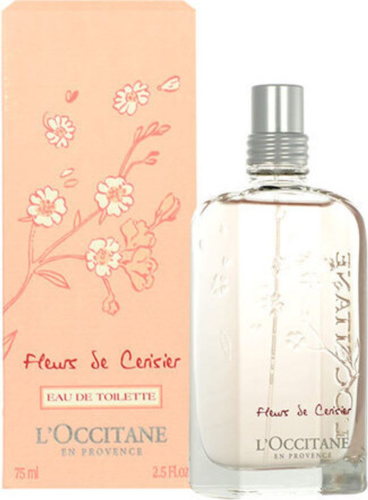 A bottle of L'Occitane Cherry Blossom Eau de Toilette and its packaging are displayed side-by-side against a white background.