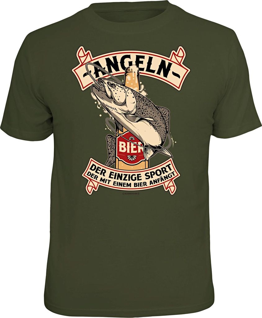 Rahmenlos Angeln - Der einzige Sport, der mit einem Bier anfängt" T-Shirt Herren (Oliv) Größe XXL"