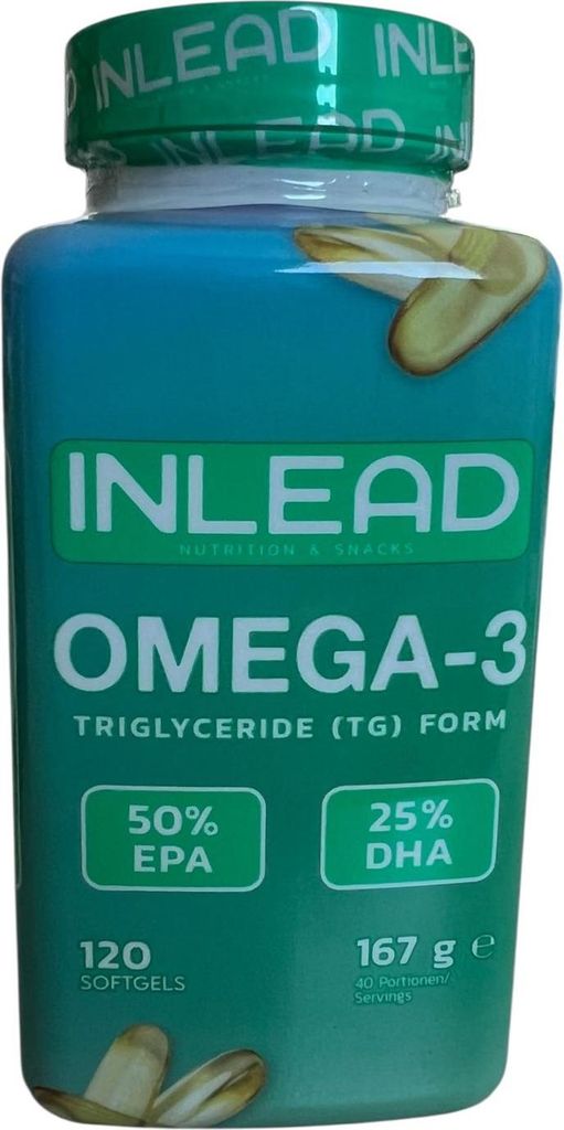 A bottle of Inlead Nutrition Omega-3 softgels against a white background.