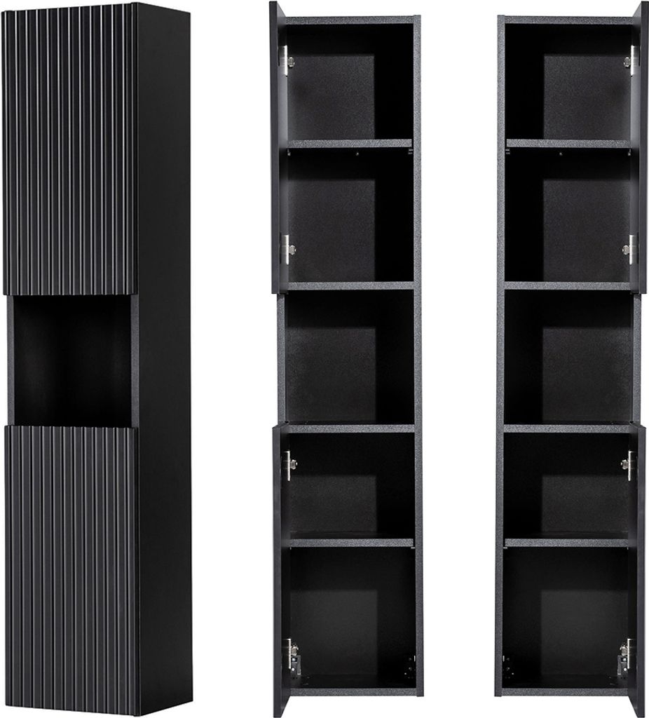 A black tall cabinet with a cutout in the middle and two other tall cabinets with open doors, all on a white background.
