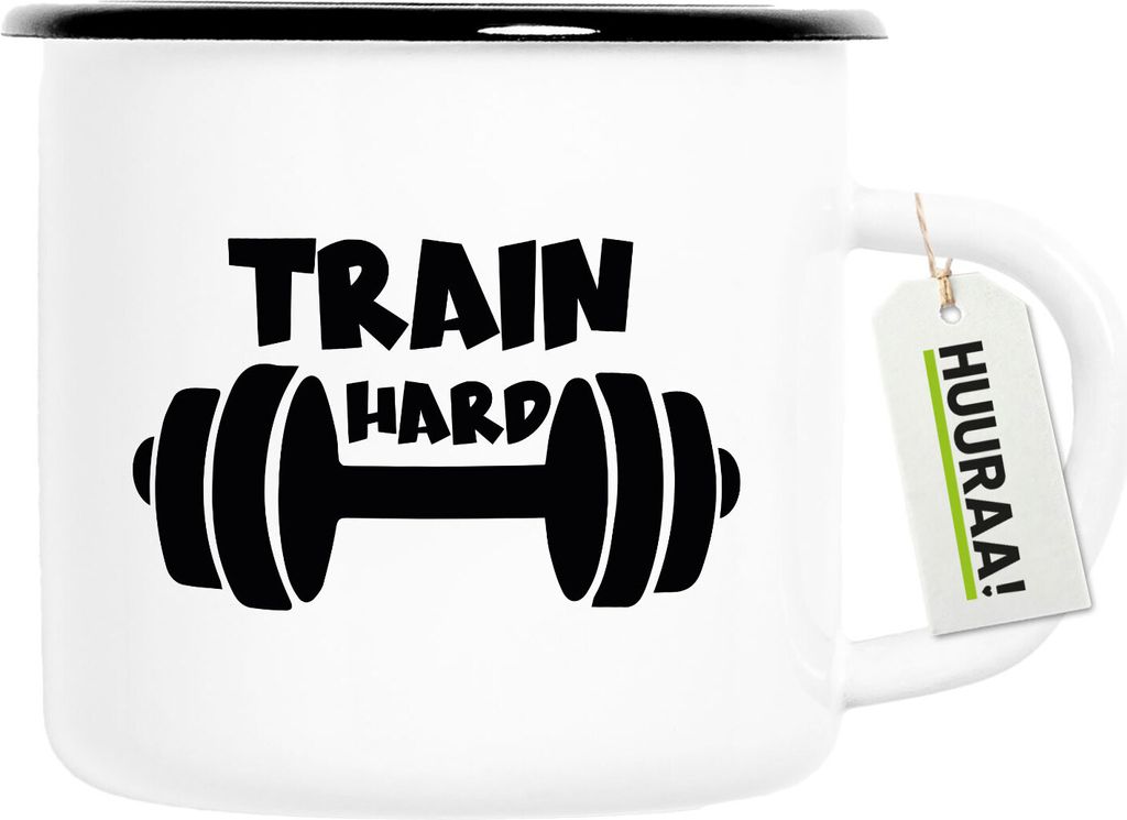 Huuraa Emaille Tasse Train hard Hantel 300ml Vintage Campingbecher Geschenkidee