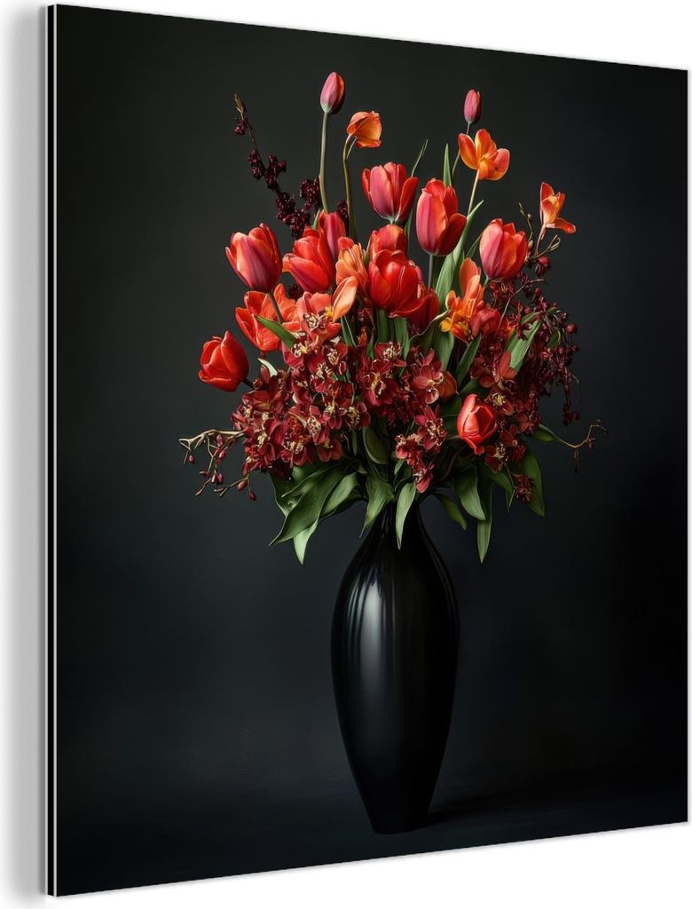 MuchoWow Wanddekoration Metall Metallbild Wandkunst 90x90 cm Blumenstrauß - Tulpen - Vase - Rot MuchoWow Aluminium Gemälde - Dekoration - Industr...
