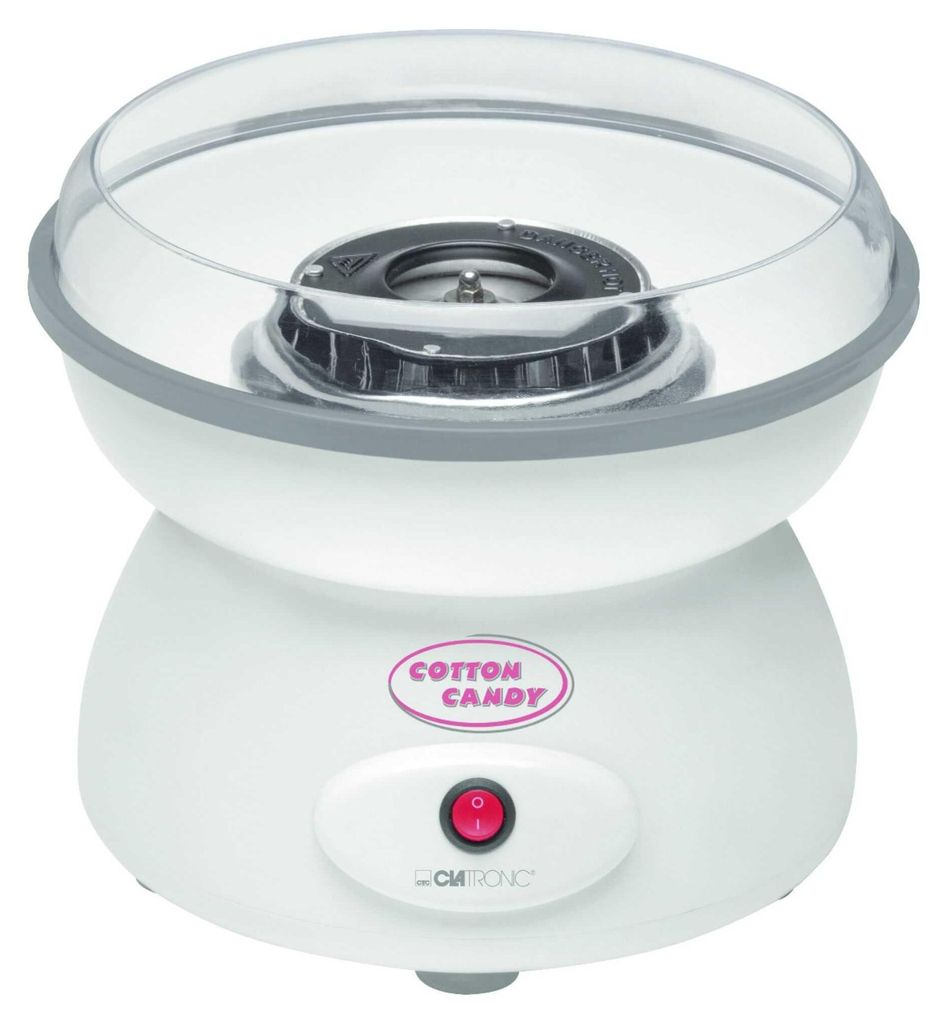 A white cotton candy machine with a clear lid and a red power button.