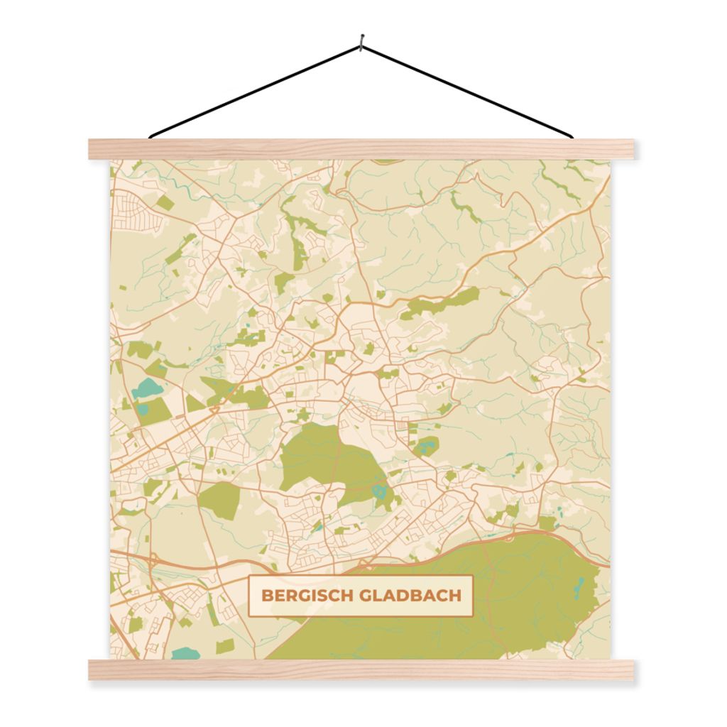 MuchoWow Textilposter Bergisch Gladbach - Karte - Vintage - Stadtplan 60x60 cm mit holzfarbenen Rahmen - Wanddekoration