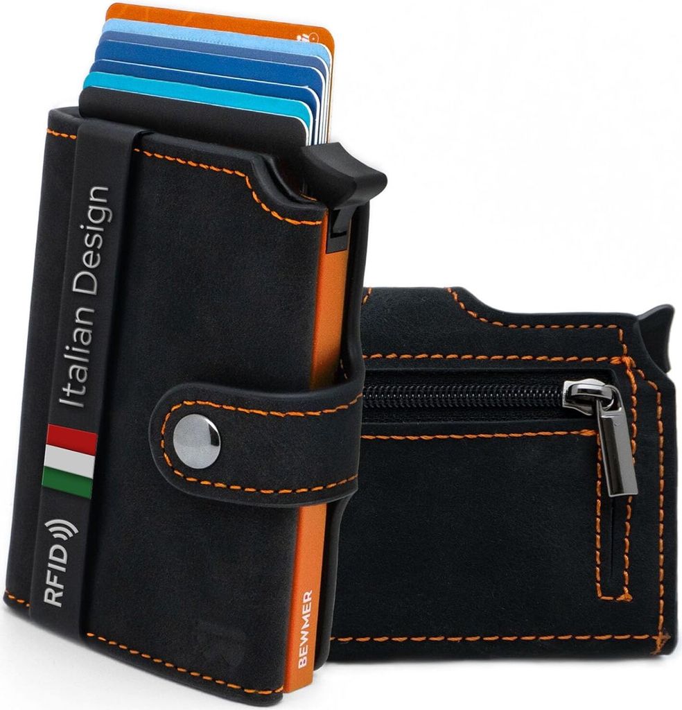 Shielded Slim Wallet für Herren & Damen | Kartenetui mit Münzfach & RFID-Schutz & Anti-Cloning | Scheine, Münzen & 9 Kreditkarten | Schwarz & Or...