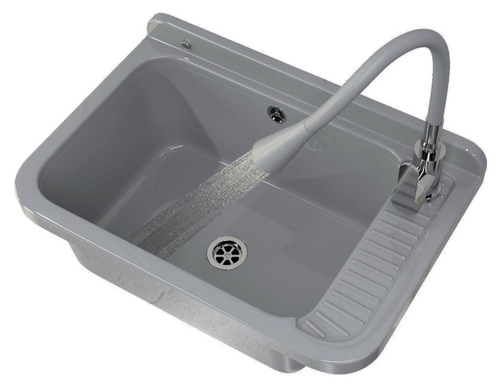Granitan | Wirtschaftsspüle - NEGRA - mit flexibler Armatur - mit Siphon - Grau - 58.4 x 38 cm - für Waschküche und Garage