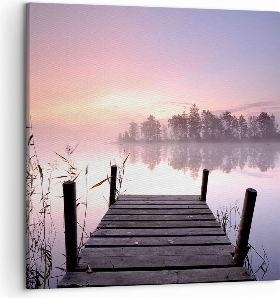 Bild auf Leinwand - Leinwandbild - Morgen Sonnenaufgang Nebel See - 50x50cm - Wand Bild - Wanddeko - Leinwanddruck - Bilder - Kunstdruck - Wanddeko...