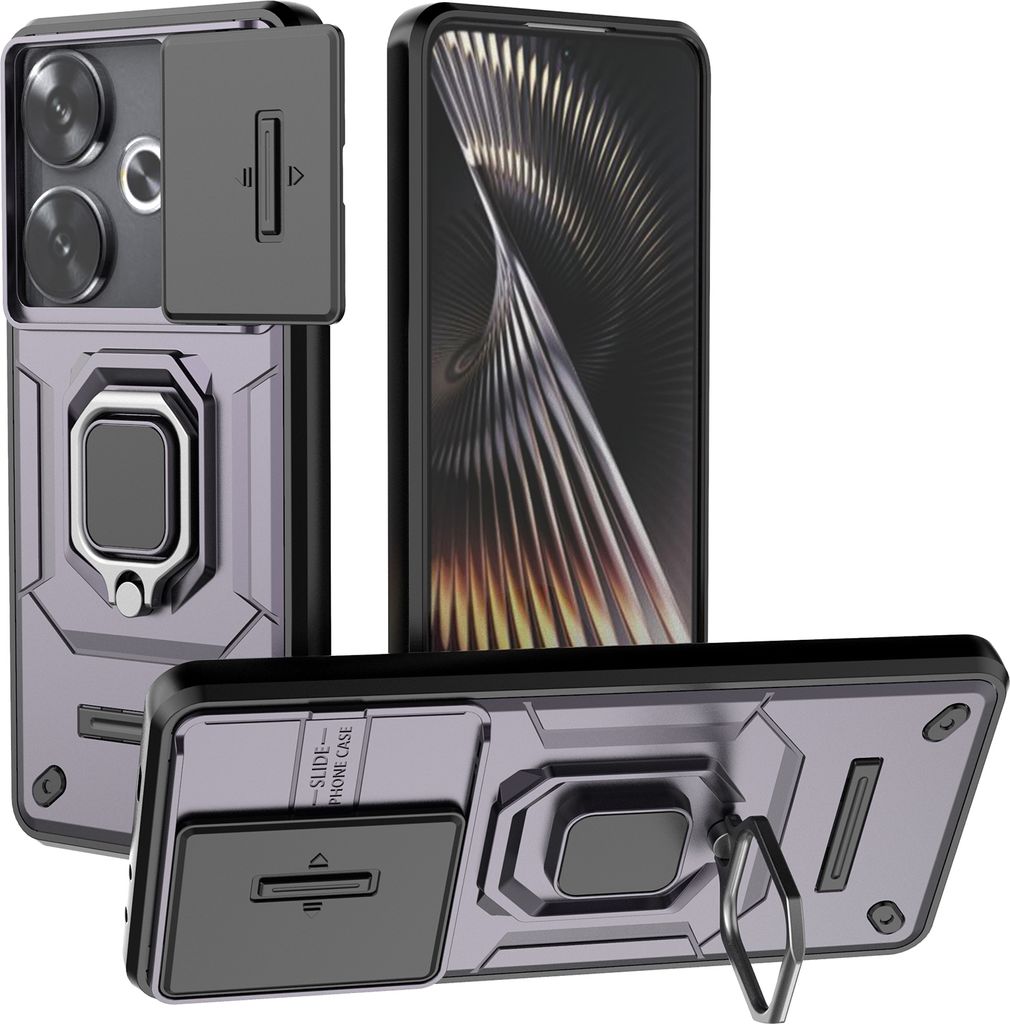 Hülle für Xiaomi Redmi Turbo 3 Dual Layer Handyhülle Schiebe Kamera Schutz und Ringhalter Ständer Lila