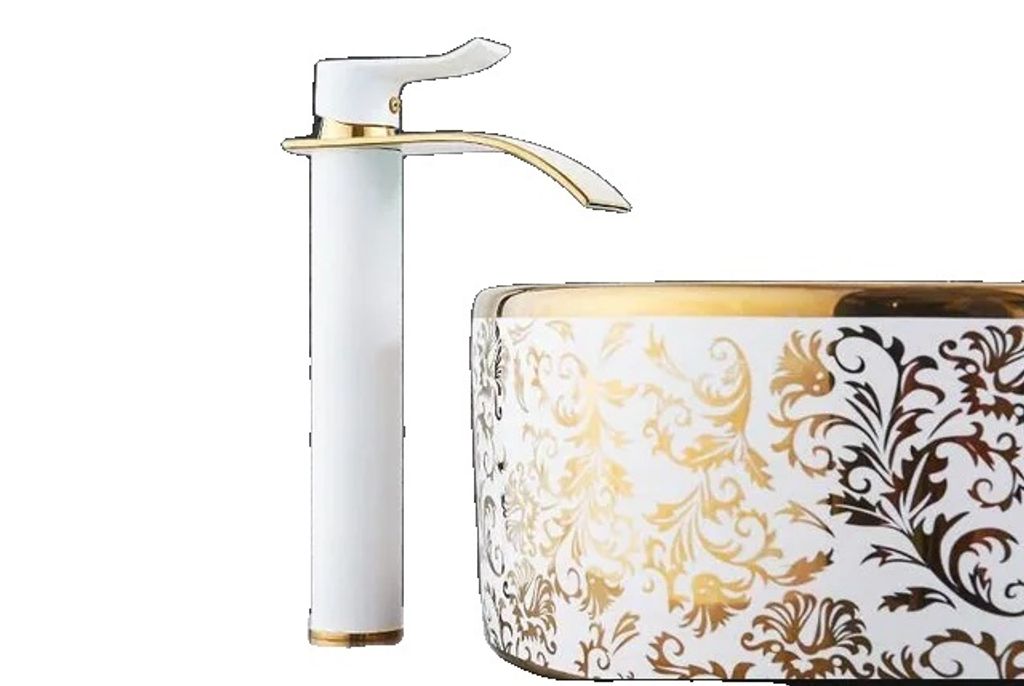 Waschtischarmatur, Elegantes Wasserfall-Design, Robuste Messingkonstruktion, weiß und gold T
