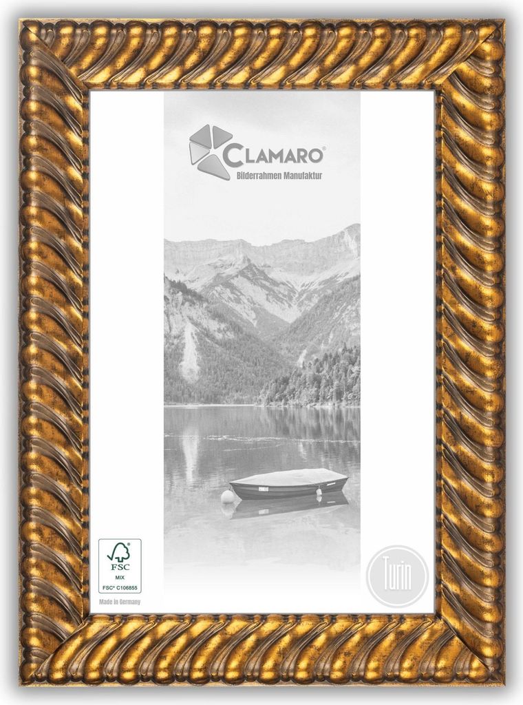 Bilderrahmen Antik Massivholz 'TURIN' Shabby Chic Vintage Barock | Gold | CLAMARO, Größe:75x55