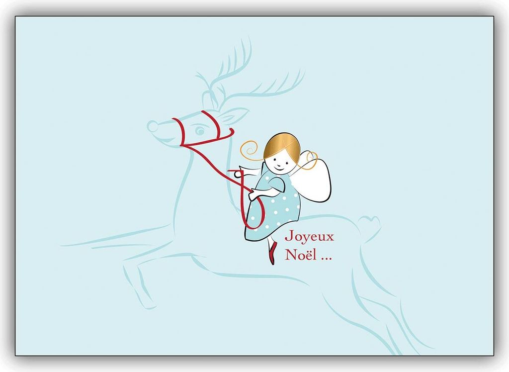 4x Französische Weihnachtskarte mit auf Rentier reitendem Engel