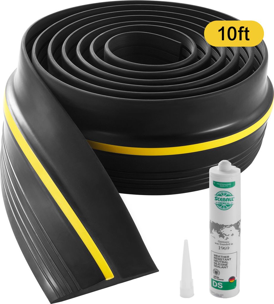 A rolled-up black garage door seal with a yellow stripe and a tube of sealant.