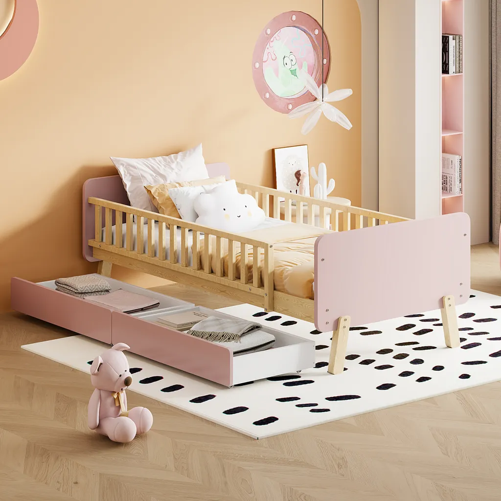 Lit simple 90x190 rose pour fille avec tiroirs de rangement intégrés