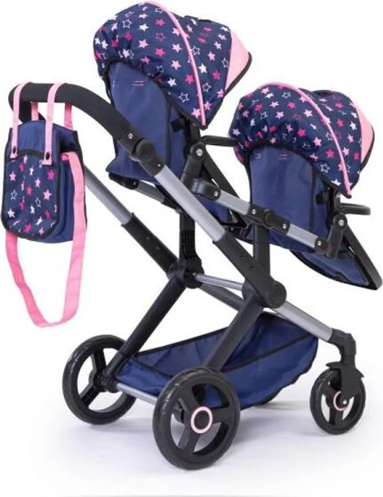 Poussette jumeaux poupée Twin Xeo Star bleue et rose à hauteur réglable