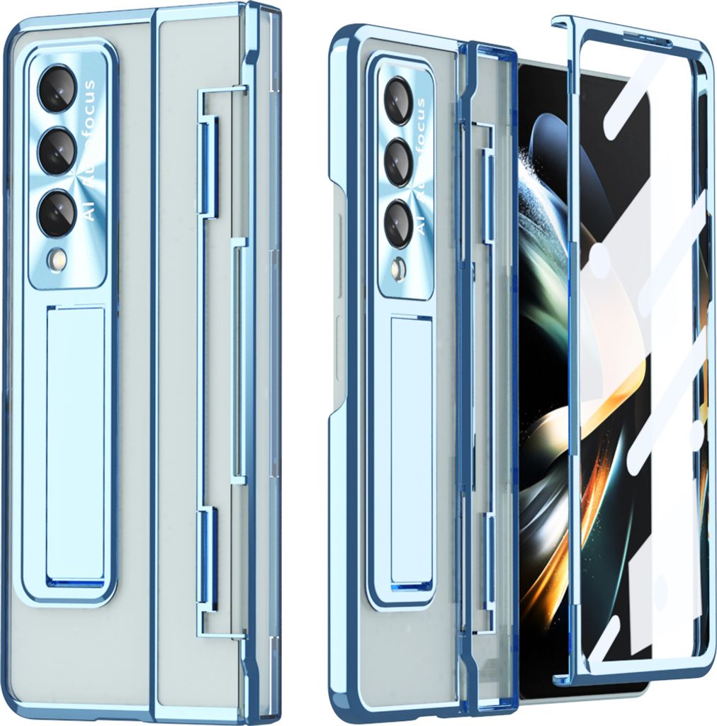 Galaxy Z Fold4 Hülle, Displayschutz & Objektivschutz Transparent Galvanisierte Ständer Schutzhülle für Samsung Galaxy Z Fold 4 5G Blau