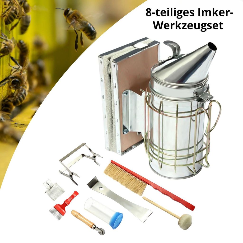 8-teiliges Imker-Werkzeugset aus Edelstahl – inkl. Smoker, Bürste, Königinnenfänger & Entdeckelungsgabel