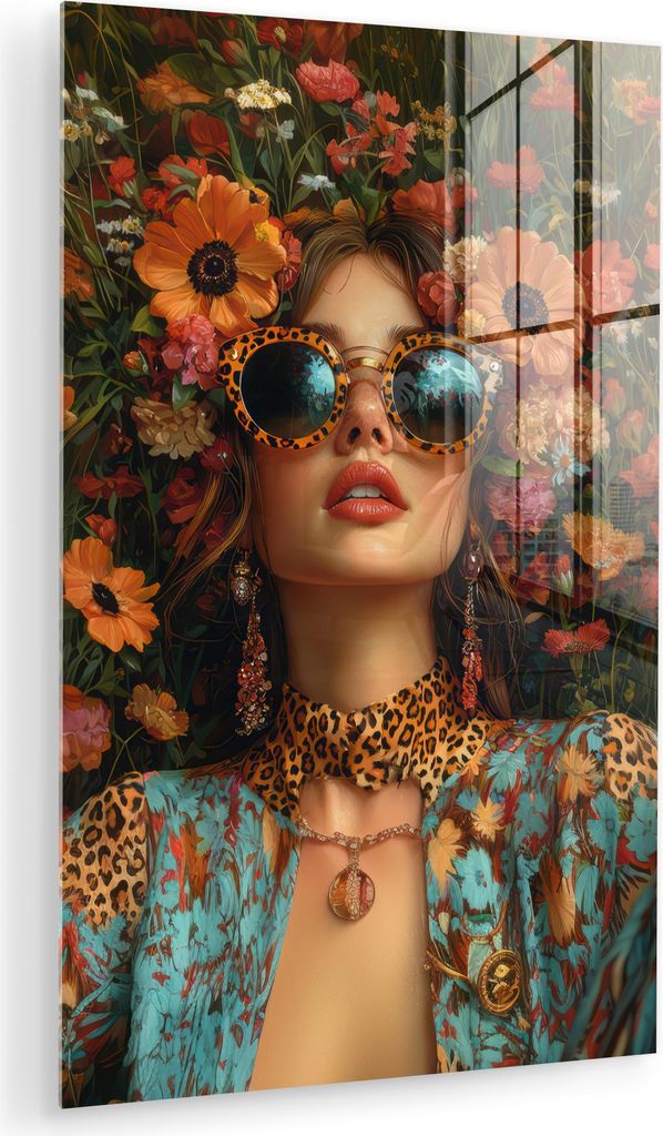 MuchoWow Glasbilder - Bilder auf Wandbild - Foto auf Glas Frauen - Blumen - Modern - Brille - Abstrakt 80x120 cm Wanddekoration aus Glas - Acrylgla...
