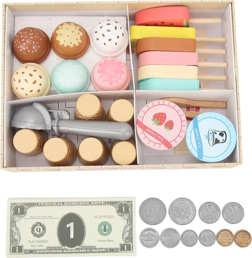 Magasin De Glace En Bois UMU – Jeu De Rôle 37 Pièces Avec Argent, Carte Menu, Cônes Et Accessoires – Pour Enfants Dès 3 Ans