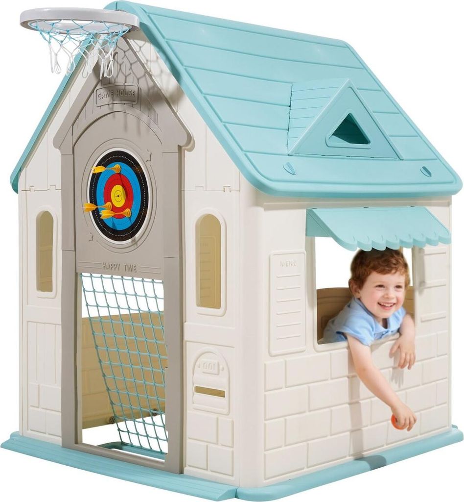 Outdoor Playhouse, 5-In-1 Cottage Play House with Pretend Play, Basketball, Darts, Soccer, Ring Toss, Window & Convenient Door, Toddler Slide Set f...
