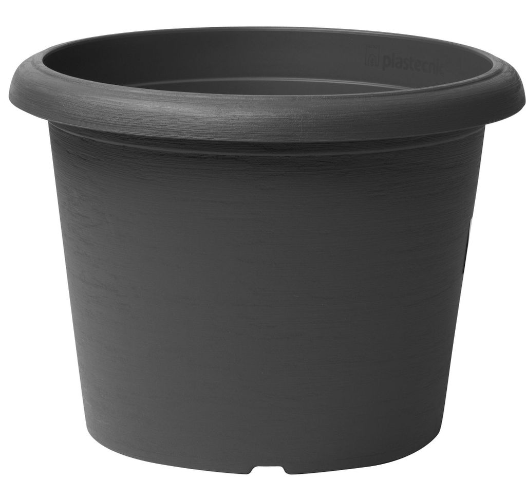 A dark gray, round planter pot is shown against a white background.