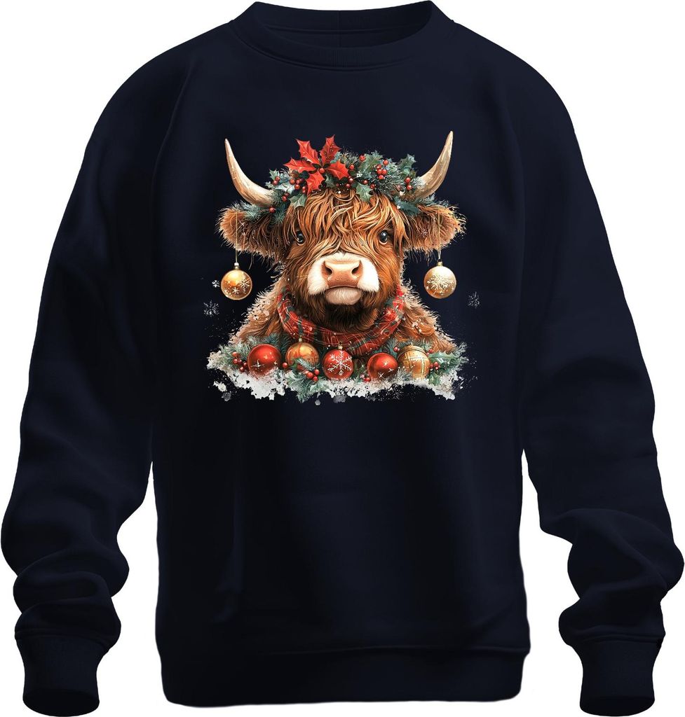Highland Rind Weihnachten mit Kranz Stechpalme Schneeflocke Retro Uni Sweatshirt Pullover, Navy, XL