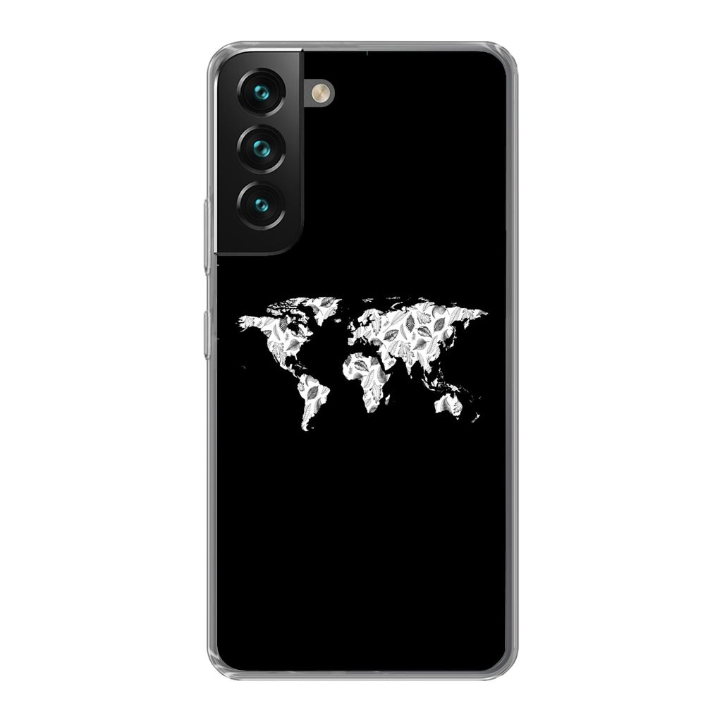 MuchoWow Handyhülle Schutzhülle Hülle für Samsung Galaxy S22 Weltkarte - Blätter - Schwarz Silikon Softcase Handy Hülle - Mobiltelefonhülle