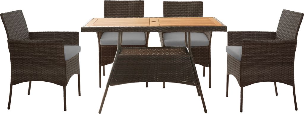 Teamson Home 5-teiliges Gartenmöbel-Set für den Außenbereich, Rattan-Gartentisch & 4 Stühle mit abnehmbaren Kissen, wetterbeständig, Braun/Creme