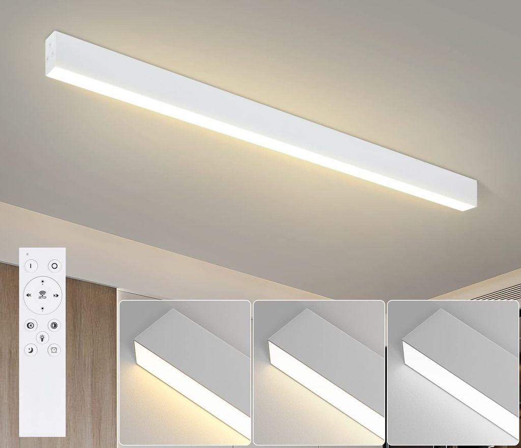 A white LED ceiling light fixture mounted on a white ceiling, with a remote control and three close-up shots of the light's different color temperatures shown below.