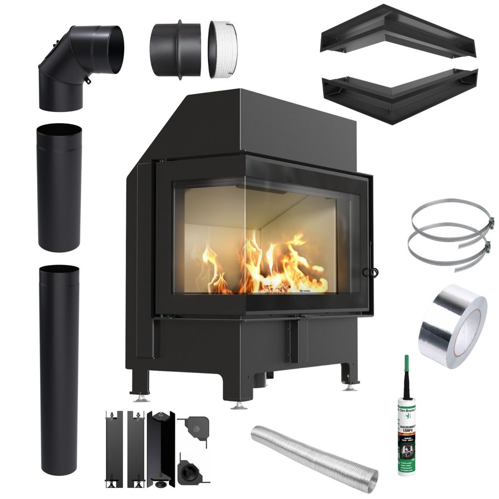 Kamin Kaminofen Ildnord MALMO links 11 kW, Durchmesser 180 mm, Set mit Abgasrohren und Luftklappen