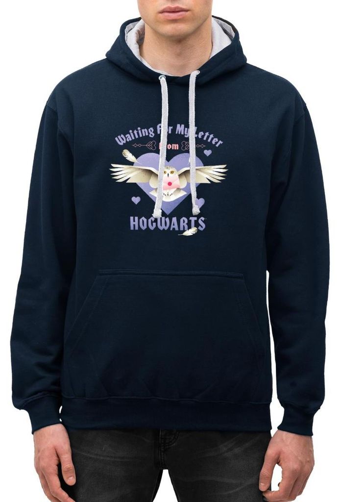 Spreadshirt Harry Potter Hedwig Spruch Brief Aus Hogwarts Uni Kontrast Hoodie, L, Navy/Grau meliert