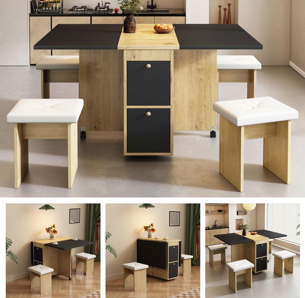Esstisch-Set, (mit Esstisch, 4 Stühlen), klappbarer Esstisch,120*80*75cm, ausziehbarer Esstisch, multifunktionaler ausziehbarer Esstisch, Esszimme...
