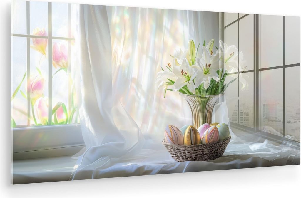 MuchoWow Glasbilder - Bilder auf Wandbild - Foto auf Glas Vase - Eier - Blumen 40x20 cm Wanddekoration aus Glas - Acrylglasbild - Acrylbilder - Mod...