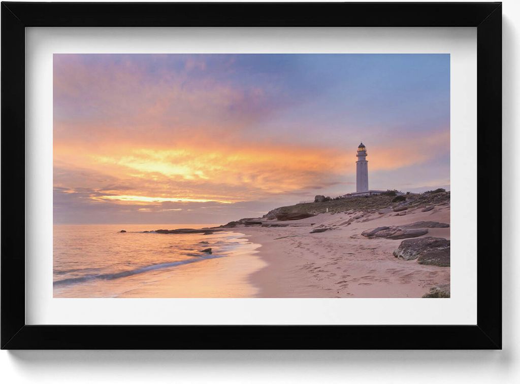 Meereslandschaft mit Strand und Leuchtturm– Wandbild mit Rahmen – Gerahmtes Bild – Wanddekoration – 30x20 cm – Schwarz Rahmen