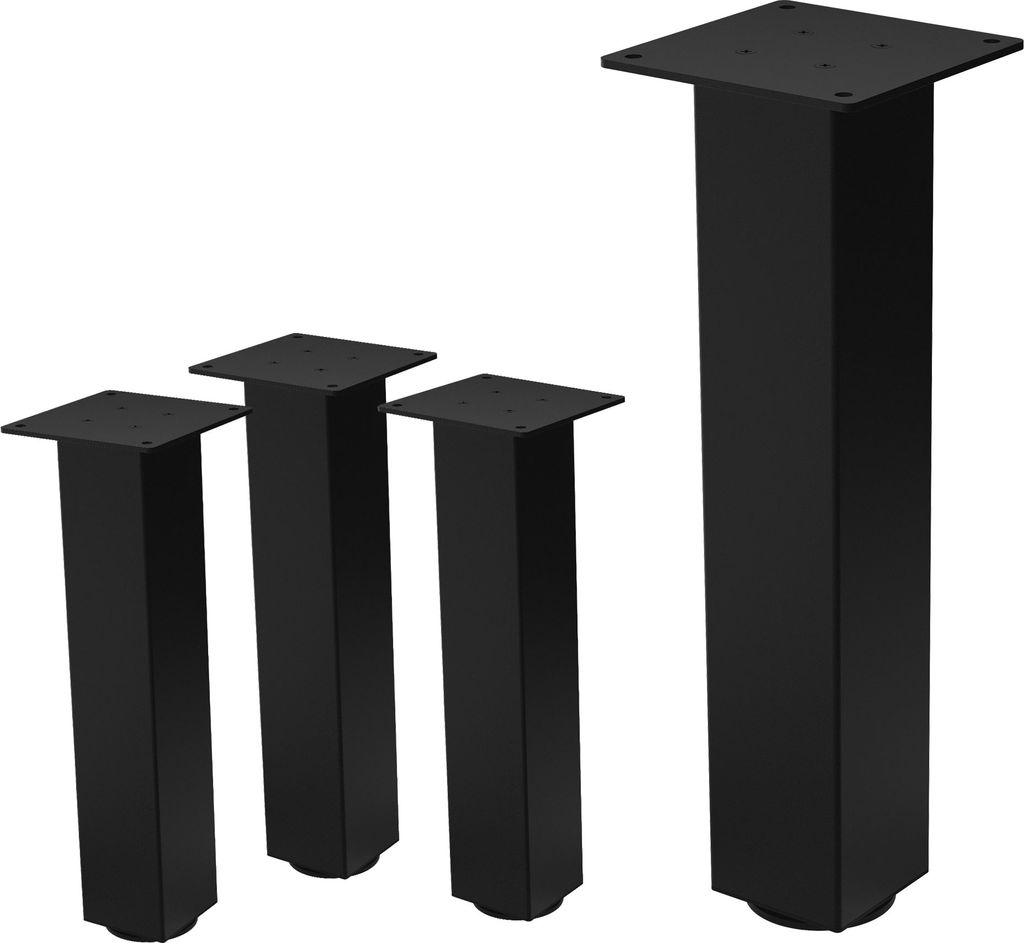Four black metal table legs of varying heights are displayed against a white background.